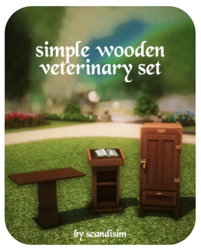 wooden veterinary exam table, check-in podium and vending machine