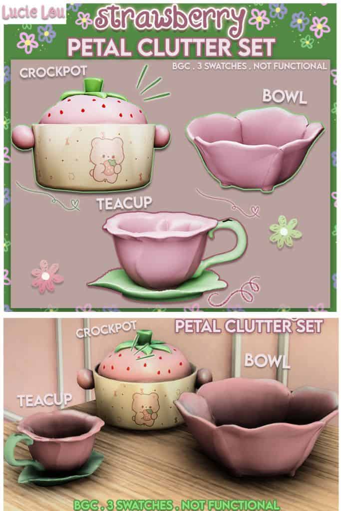 cute strawberry and petal kitchenware clutter pieces