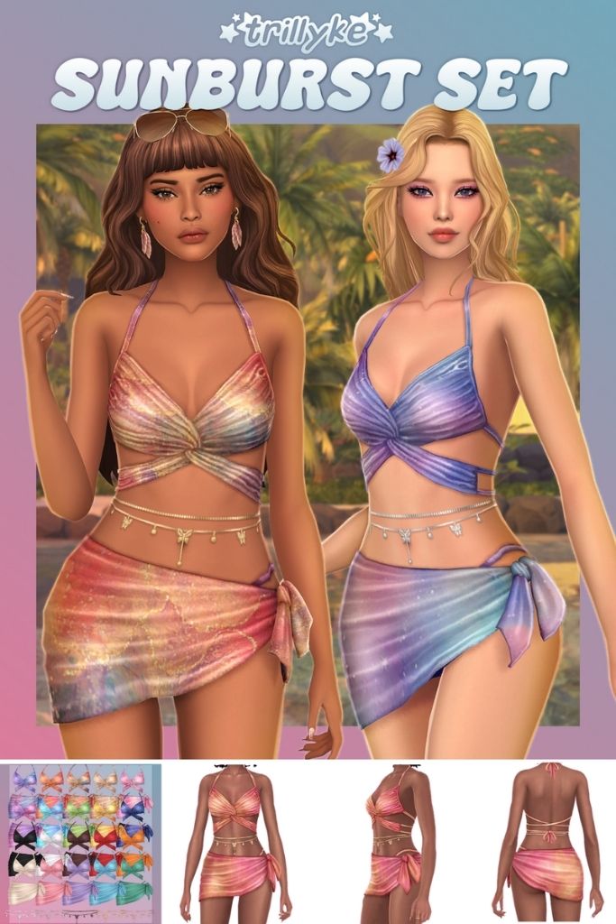 two female Sim wearing swimsuits with cover ups and belly chains