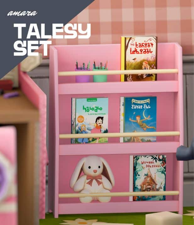a pink display unit with storybooks, pencils and a plush bunny