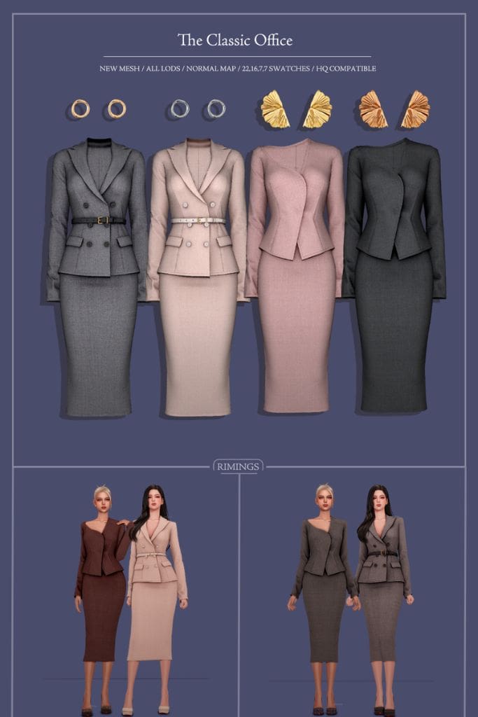 fitted two-piece office clothing sets for female Sims with earrings