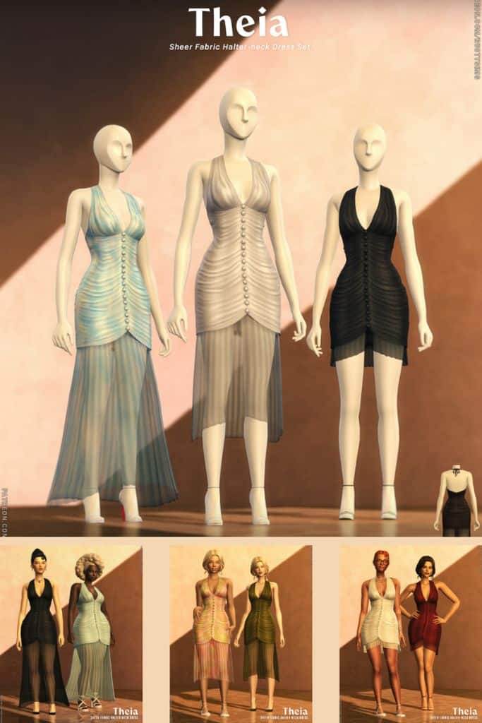 three mannequins wearing sheer halter dresses with buttons down the front