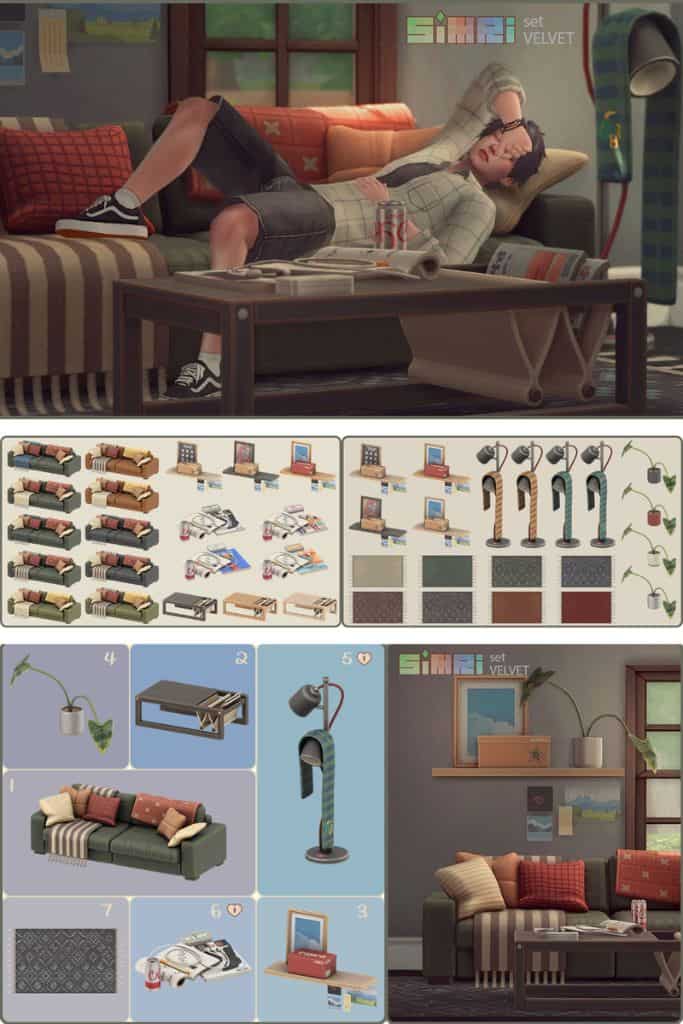 male Sim laying on a loveseat with mixed decor and clutter lying around