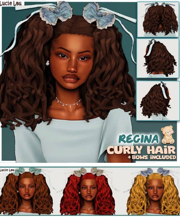 black female Sim with two large curly pigtails and bows