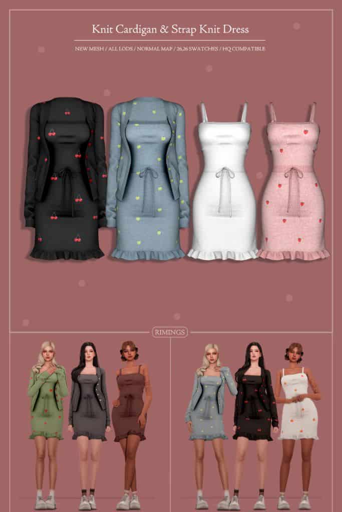 female Sims wearing knit strap dresses and dresses with cardigans