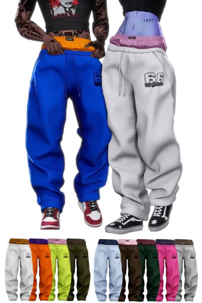 Sims modeling sweatpants with boxers sticking out in various swatches