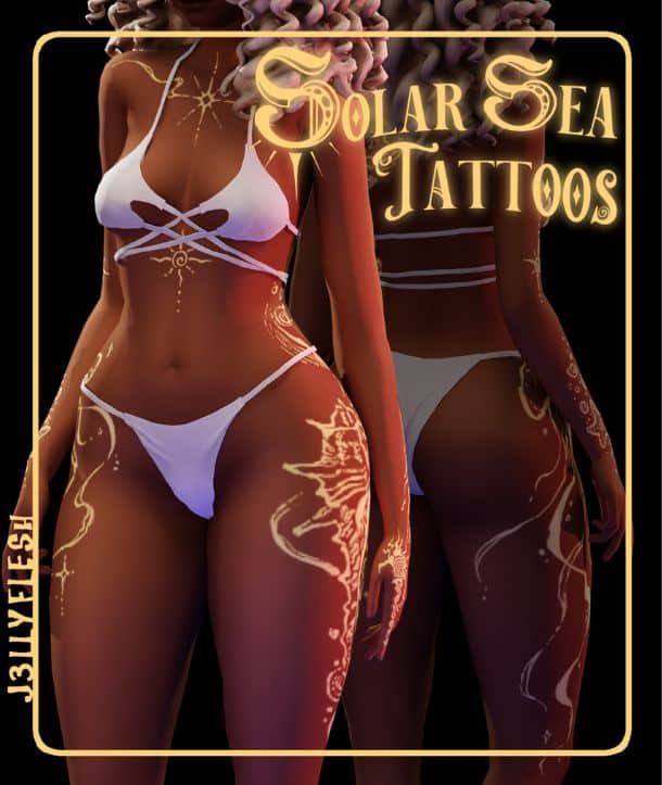 female Sim modeling solar sea-themed tattoos
