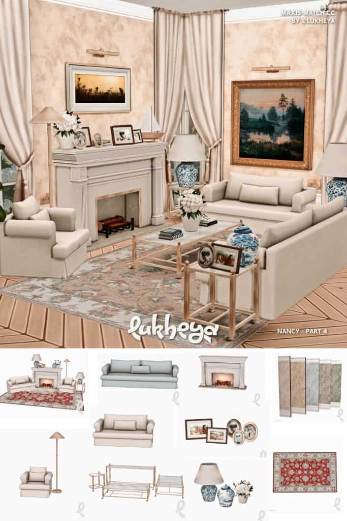 Cozy living room featuring cream sofas, a fireplace, ceramic décor, coffee tables, and classic family-style furnishings.