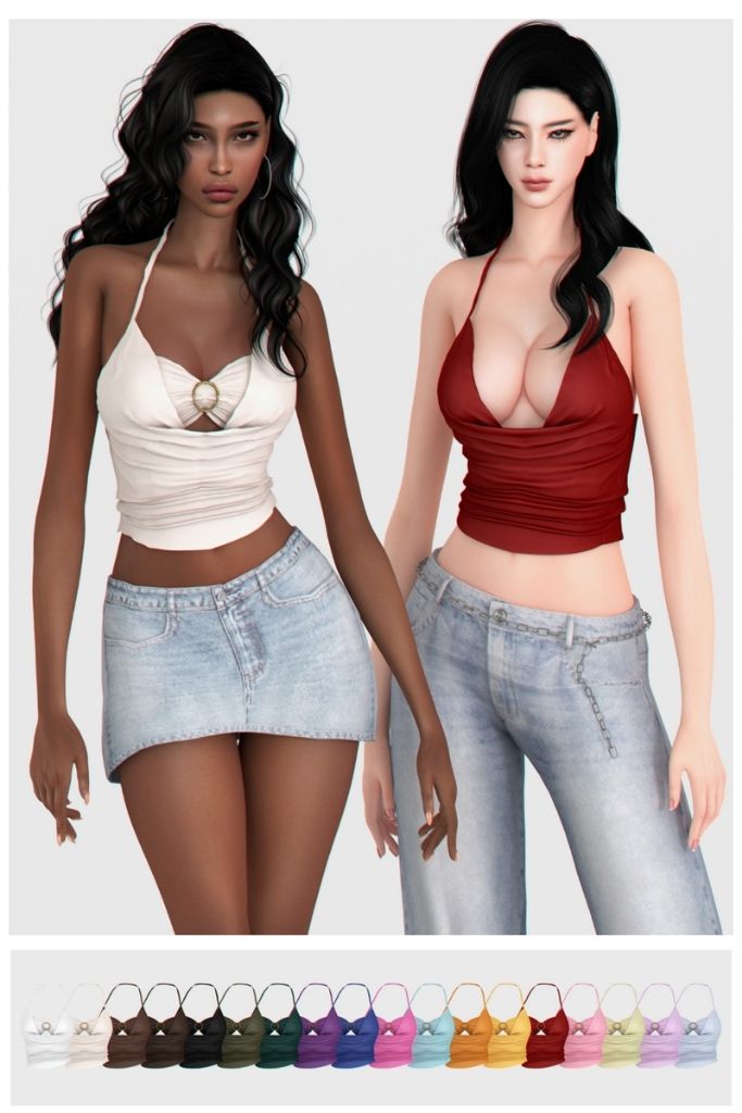 two female Sims wearing flirty halter tops in two variations