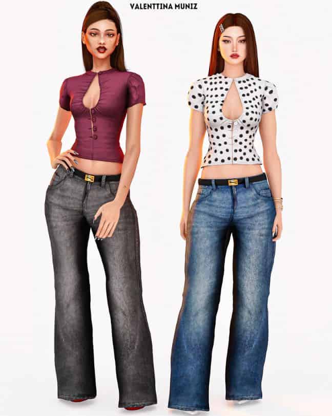Female Sims wearing a top with a plunging keyhole front, buttons, and puffed sleeves