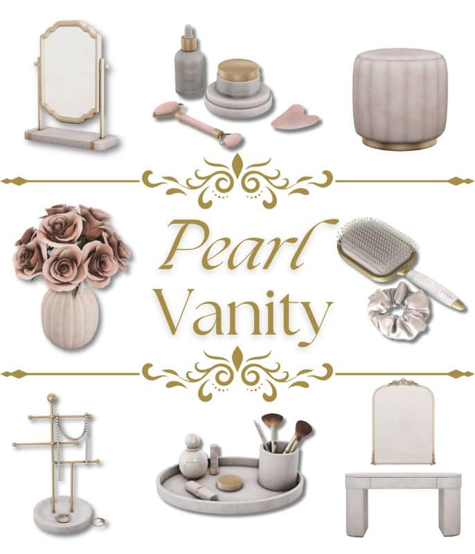 collage of a vanity, decorative clutter pieces
