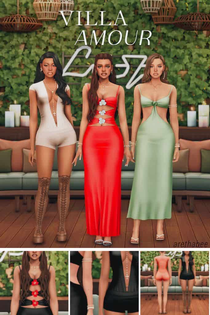 three female Sims modeling a romper, two dresses and accessories
