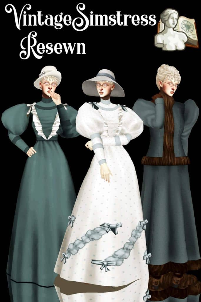 three female Sims wearing 1800s-themed dresses with puff-sleeves and a winter coat