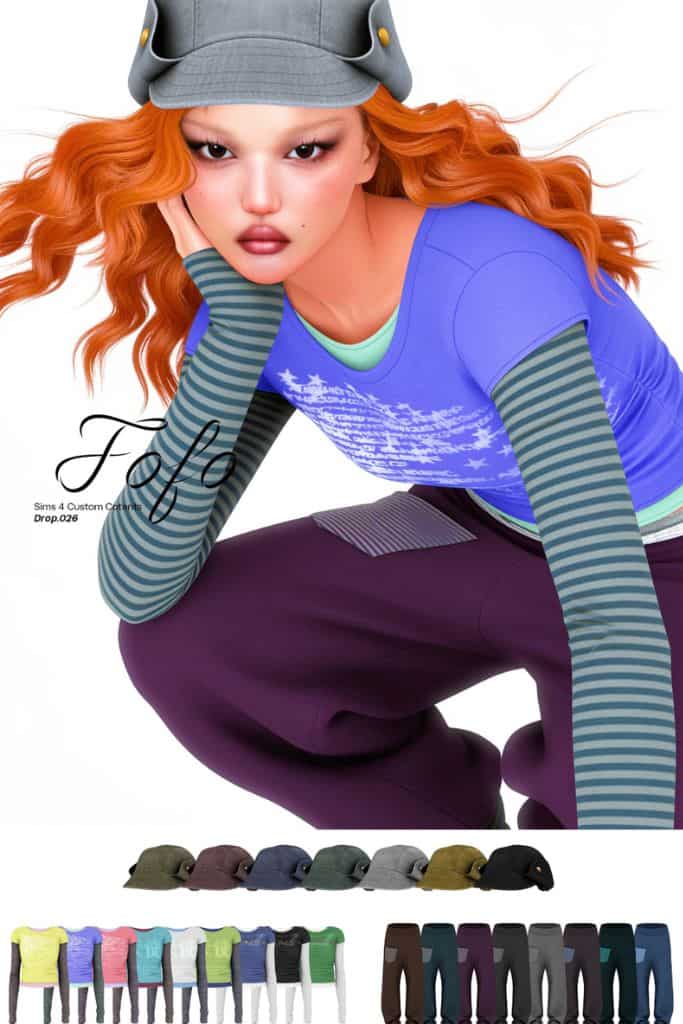 female Sims wearing a cap, layered long-sleeve top and casual pants