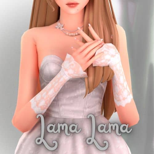 female Sim wearing fingerless lace gloves