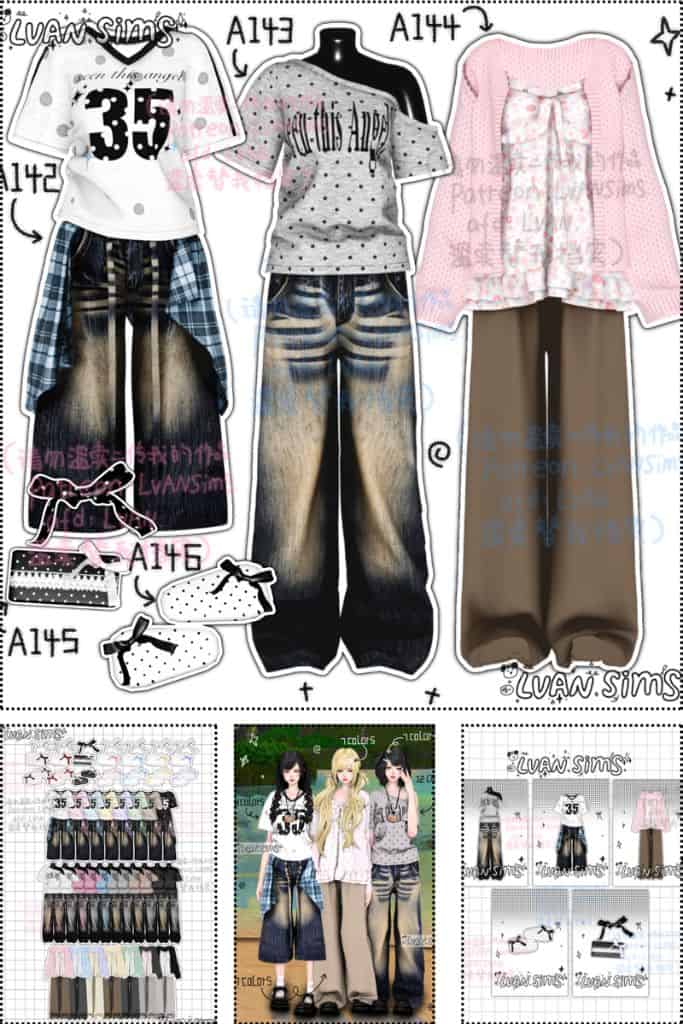 Collage of casual layered outfits with graphic tops, distressed baggy denim, wide-leg trousers, a pink knit sweater with a floral ruffle top, and two polka-dot bow hair clips in multiple colors