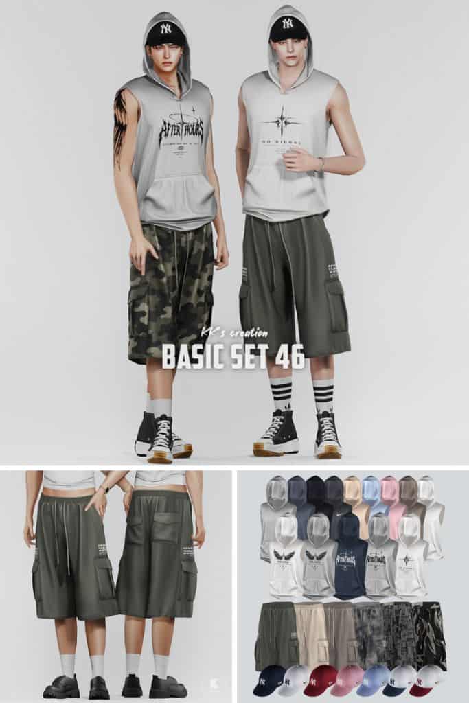 two male Sims wearing sleeveless tops with hoods and long baggy shorts