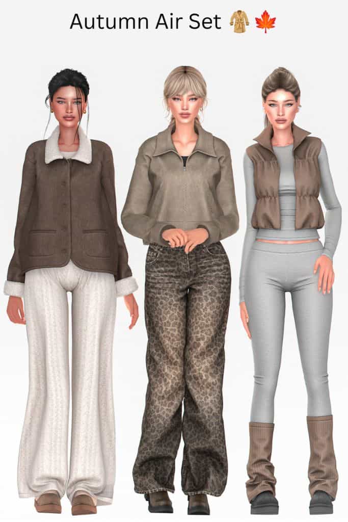 three female Sims wearing casual, everyday Autumn outfits