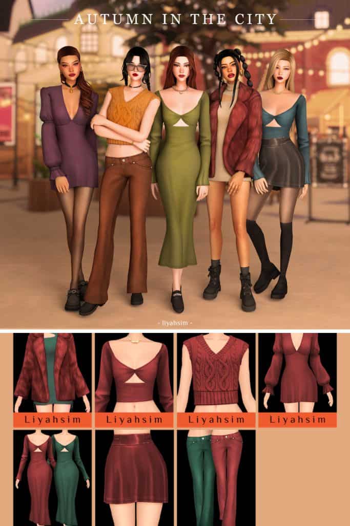 five female Sims wearing Autumn-colored outfits