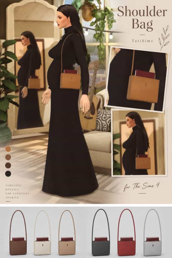 female Sims wearing a shoulder bag while looking in the mirror