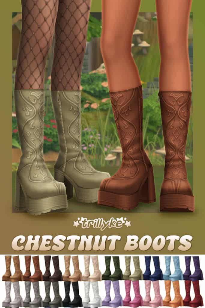 Close up of Sims wearing platform boots with embroidered details and chunky block heels