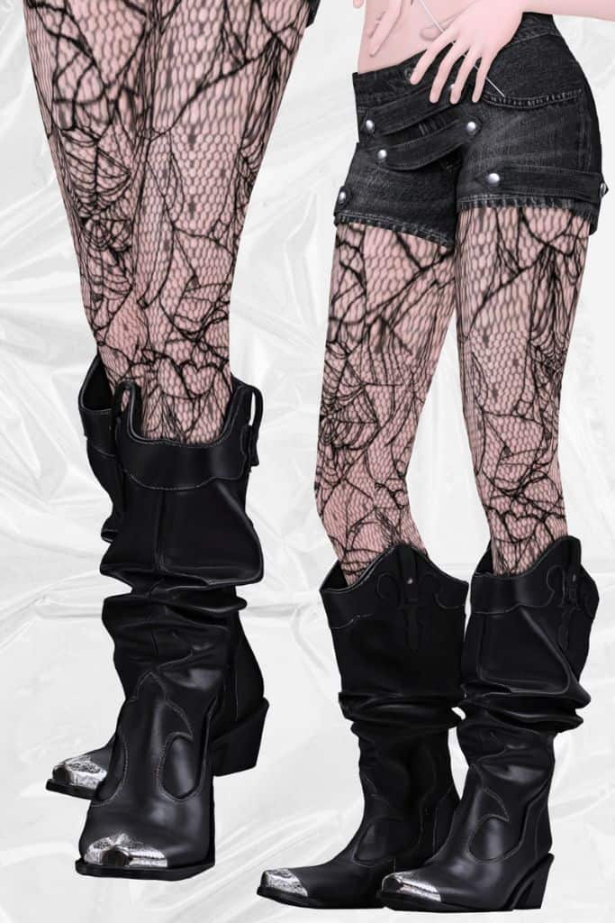 close up of black, slouchy leather boots with silver metallic toe caps