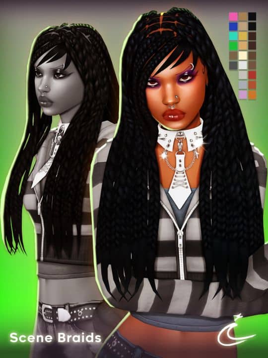 black female Sim with long braids and side-swept bangs