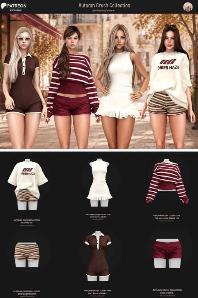 four female Sims wearing stylish clothes in warm autumn tones