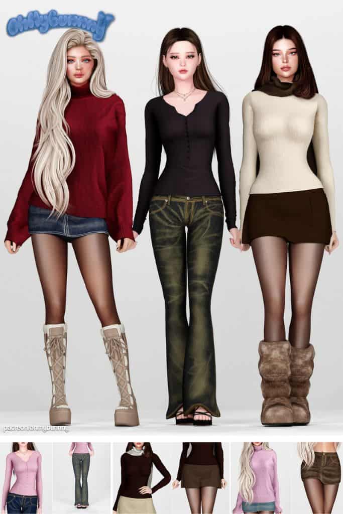 three female Sims wearing casual Autumn outfits