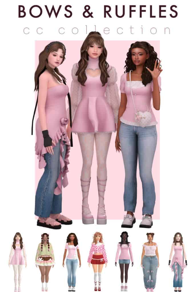 female Sims wearing outfits with ruffle and boe details