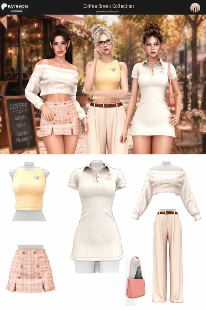 three female Sims wearing casual-chic everyday outfits