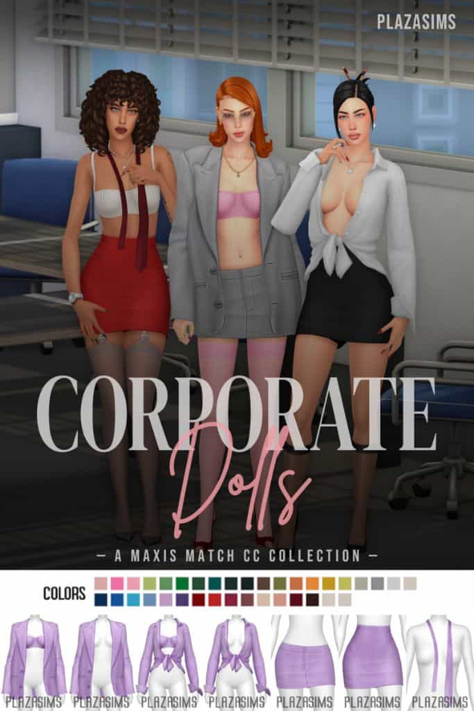 three female Sims dressed in flirty corporate outfits