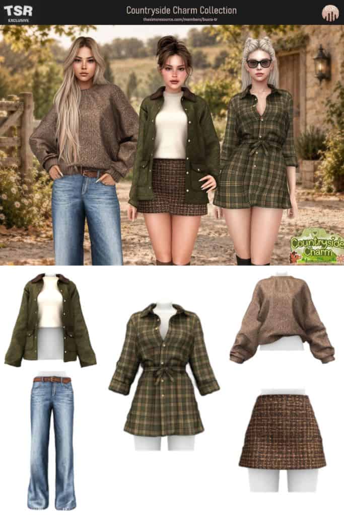 three female Sims dressed in cozy countryside themed outfits