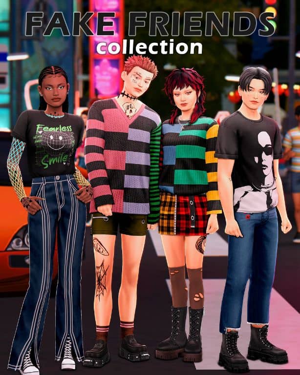 male and female Sims dressed in punk and goth inspired outfits