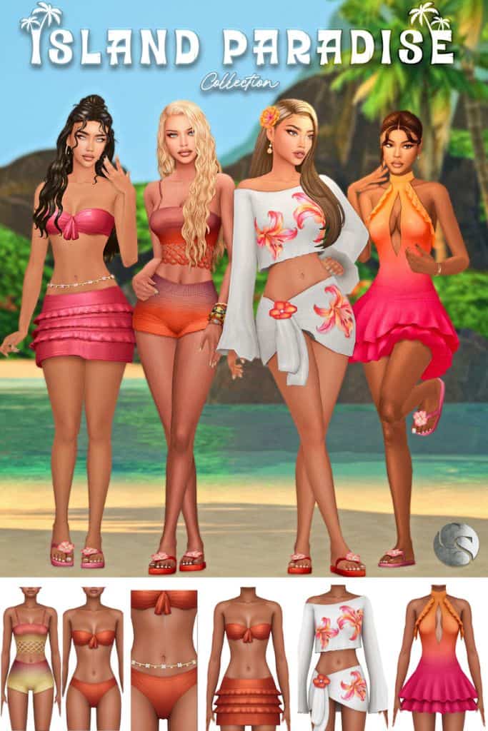 Four female Sims dressed in swimsuits and summer outfits