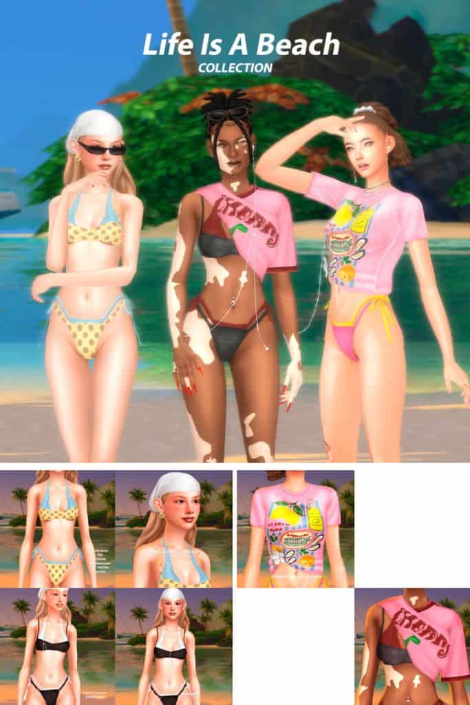 female Sims wearing bikinis, cropped tees and headphones
