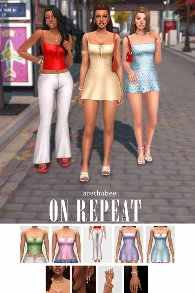 three female Sims wearing cozy, modern clothing and jewelry