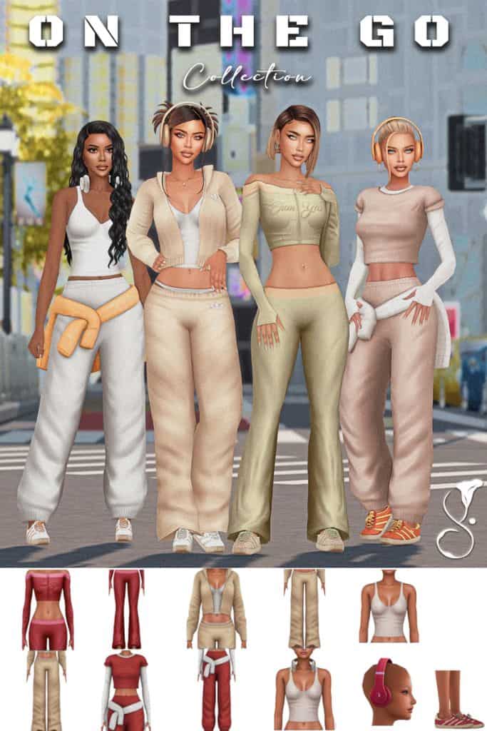 four female Sims wearing urban workout outfits