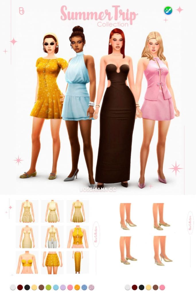 four female Sims wearing chic dresses and a two-piece ensemble and shoes
