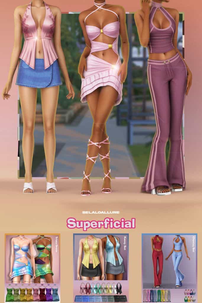 three female Sims dressed in 2000s trend outfits
