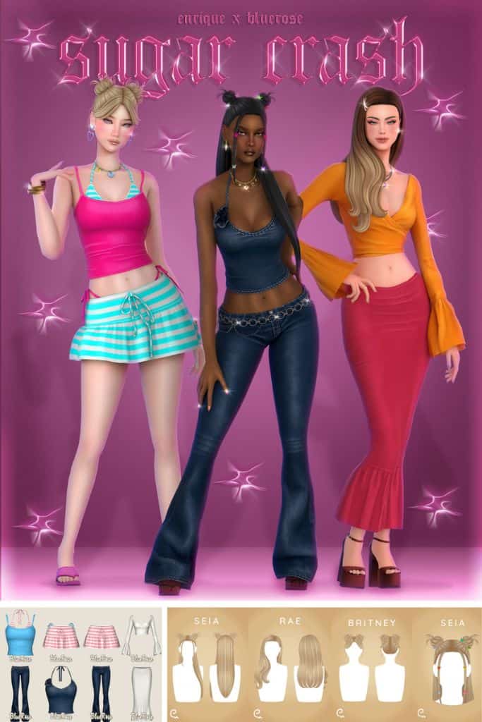 three female Sims wearing early 2000s hairstyles and outfits