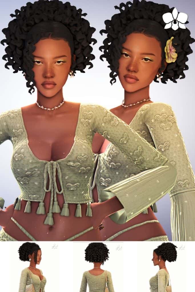 black female Sim with a curly puff hairstyle
