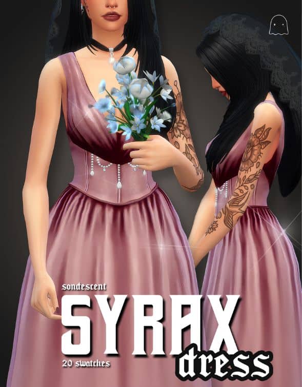 female Sim wearing a dress with a defined waist, draped bodice and pearl details
