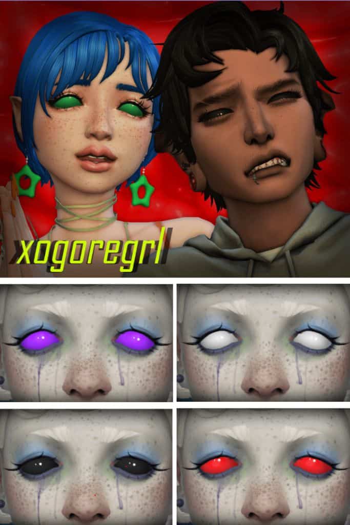 two Sims with solid color eyes in black and green