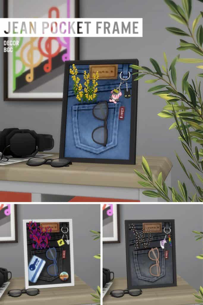 framed jeans pocket with glasses, keys and branches