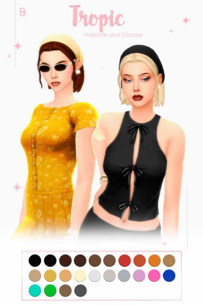 two female Sims with bob hairstyles with bandanas and one with sunglasses