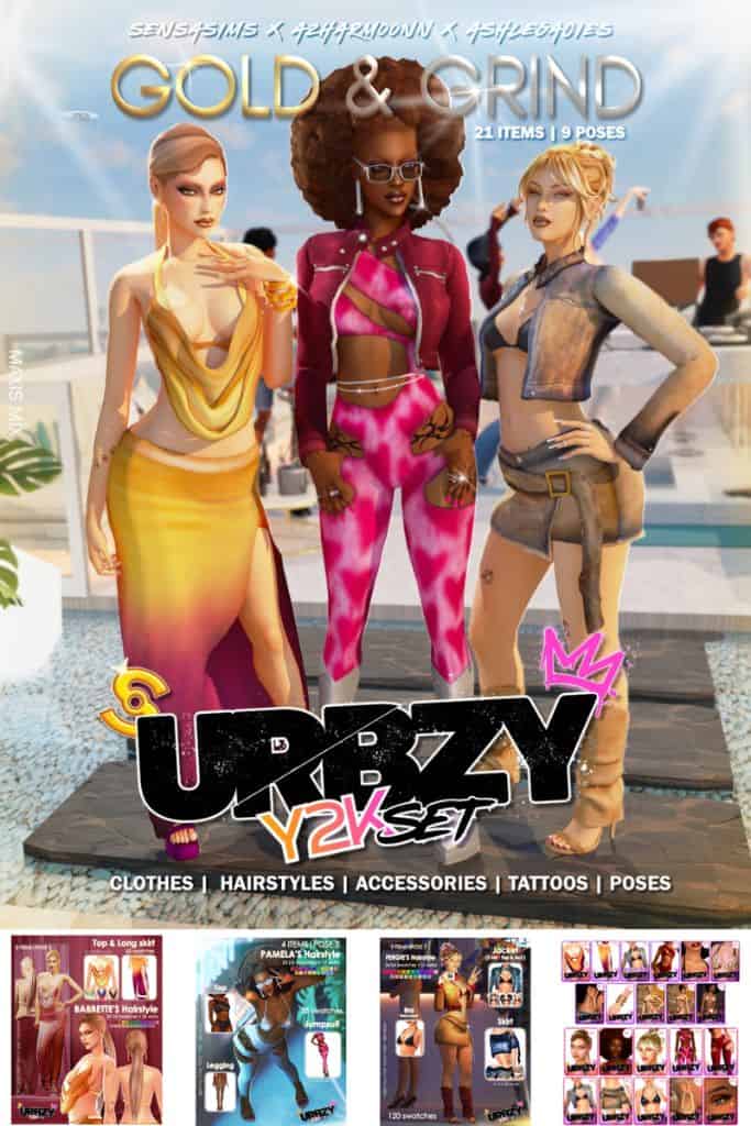 three female Sims with bold Y2K-inspired hairstyles and outfits
