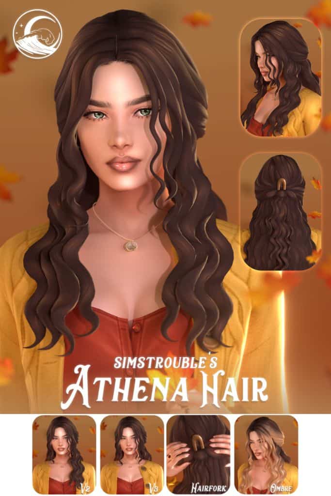 brunette female Sims with long wavy hair partially tied up with a wooden hair fork