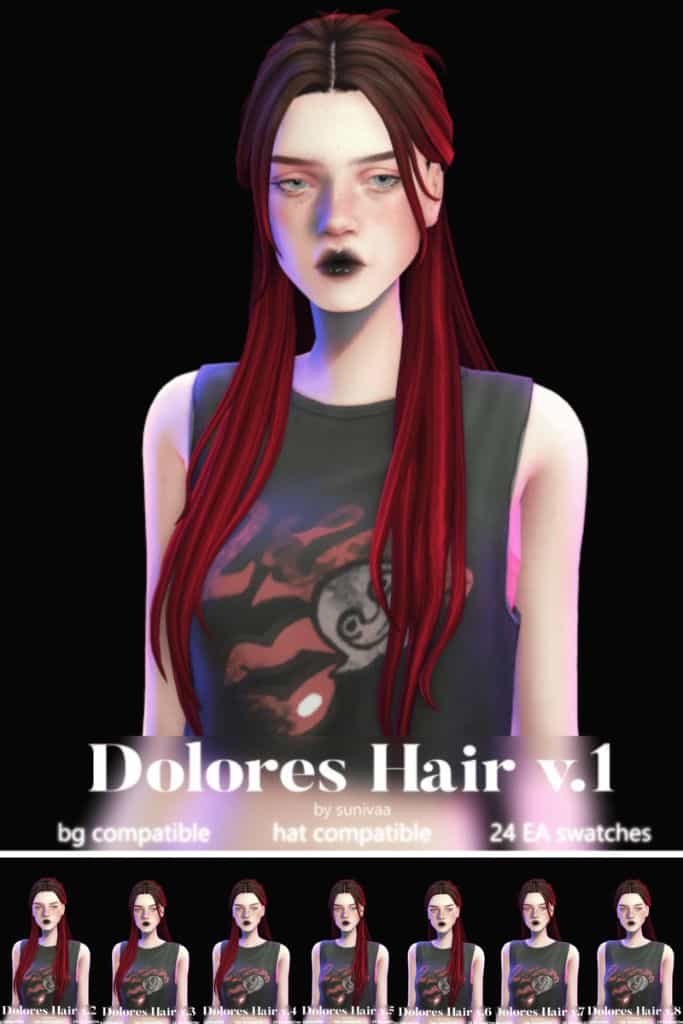 female Sim modeling 8 versions of the long Dolores hairstyle