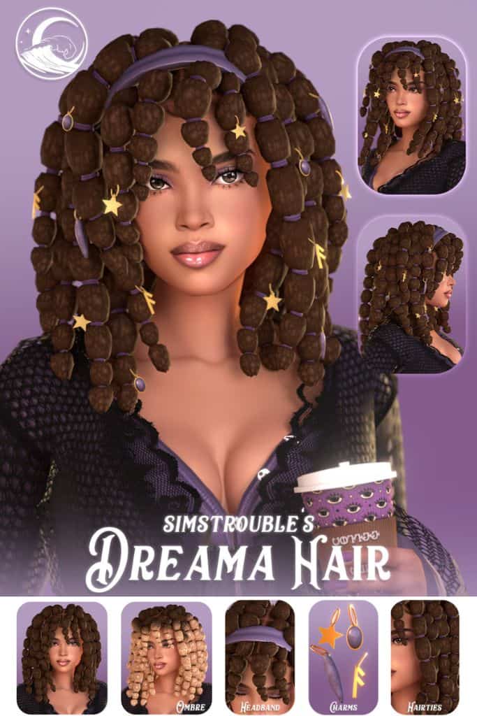 black female Sim with bubble braids tied with elastic and with charm accessories
